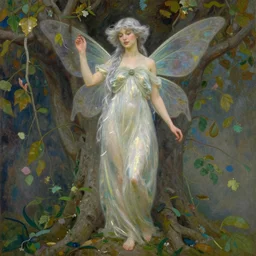 beautiful oil painting full body portrait of fairy princess princess soft skin silver hair standing in tree, Noah Bradley, Noah Bradley, Alphonse mucha