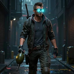 a detailed full bodied 3 d render of an extremely handsome jensen ackles as time traveler walking down a dark alley in cyberpunk 2 0 7 7, holding a milkor mgl grenade launcher, wearing glowing neon slotted and shuttered 1 9 8 0 s glasses!!!!, aetherpunk, volumetric lighting, octane render, 8 k, art by greg rutkowski and albert bierstadt and alphones mucha