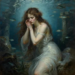 terrible goddess of water, pity in her eyes, risque attire, atlantis ruins fantasy background, fishes swimming, large classical painting, oil on canvas