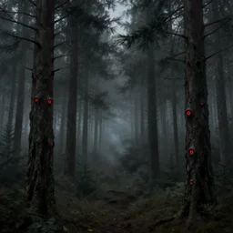 a highly detailed illustration of a dark foggy pine forest, the tree barks filled with bright red eyes, style of alexandre chaudret, artstation, dark fantasy