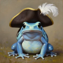 a portrait painting of a light blue amazon milk frog wearing a dark brown tricorn hat with a white feather, artstation, classical realism, detailed painting, oil on canvas