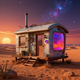 a beautiful detailed render of urbex architecture tiny home by winslow homer, desert evil mars anime futuristic thermal vision vaporwave neon noir gem sunlight galactic sunset, archdaily, wallpaper, highly detailed, trending on artstation.