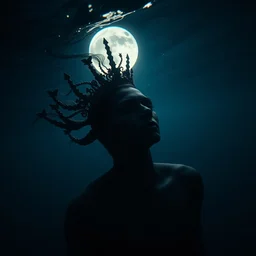 dark underwater portrait of the moon queen of the ocean, 3 5 mm