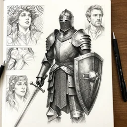 a armoured crow knight, d & d, with sword and sheild, pencil and ink, very detailed, greg rutkowski and alphonse mucha, david finch,
