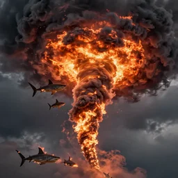 photo of a flaming tornado with flaming sharks in it, sharknado, low angle shot,