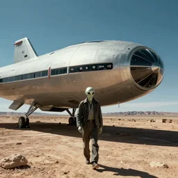 Full body photo of a Whitley Strieber alien exiting a crashed flying saucer in the Roswell desert.