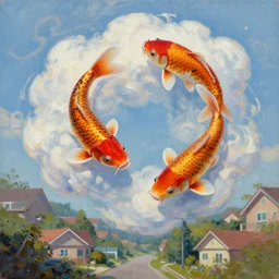 an imaginative expressive oil painting of koi fish swimming through the clouds above a suburban neighborhood