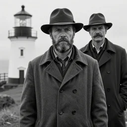 Live Action Still of Jerma985 in a film as a Lighthouse Keeper with an overcoat, hat, and beard, with co star Robert Pattison who is wearing a overcoat, hat, and has a mustache, real life, black and white, hyperrealistic, ultra realistic, realistic, highly detailed, epic, HD quality, 8k resolution, body and headshot, film still