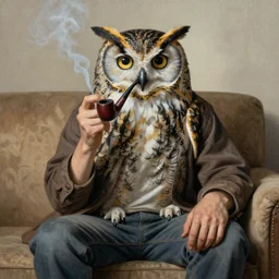 portrait of an owl man sitting on a couch smoking a pipe, realistic masterpiece