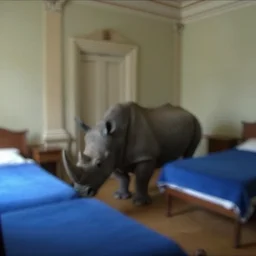 a rhinoceros in a neoclassical room with blue beds, by mini dv camera, very very low quality, heavy grain, very blurry, caught on trail cam