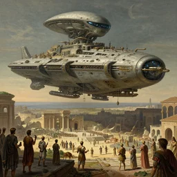 gigantic extraterrestrial futuristic alien ship landed on  the kingdom of Julius Caesar, roman historic works in brand new condition, not ruins, hyper-detailed, artstation trending, world renowned artists, historic artworks society, antique renewel, good contrast, realistic color ,cgsociety, by greg rutkowski,gustave dore, Deviantart