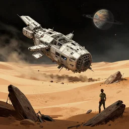 inside the wreckage of a crashed spacecraft on a desert planet, from a space themed point and click 2 d graphic adventure game, art inspired by tomb raider and thomas kinkade