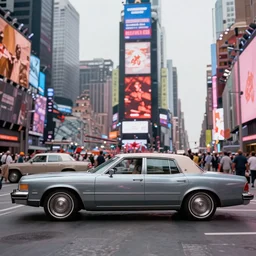 side view of lincoln continentals in times square in the 1 9 7 0 s, photorealistic, hyperdetailed 3 d matte painting, hyperrealism, hyperrealistic, cinematic, unrealengine octane render