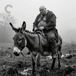 a movie still by tarkovsky of a profil giant obese old bald man in dirty medieval clothes saddling his donkey in a swamp mossy, cinestill 8 0 0 t 3 5 mm b & w, heavy grain, high quality, noir, natural textures, photorealistic, ambient occlusion, hd, mud, fog, criterion collection