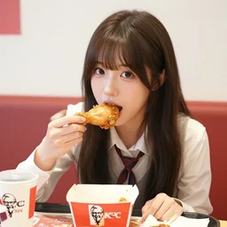 portrait photo still of real life lucina!!!! eating chicken in a kfc!!, 8 k, 8 5 mm f 1. 8