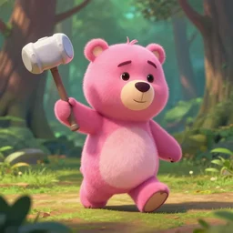 pink chocolate teddy bear walking in a forest in the croods movie style, holding on his right hand a white fighting hammer, anime, disney, pixar, 8 k, hd, dof, kodak film, volumetric lighting, subsurface scattering, photorealistic, octane render, details