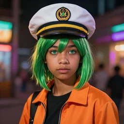 colorful and Festive Captivating teenager boy with straight green hair, green eyes, dark skin tone, wearing a white captain hat and orange jacket. rich vivid colors, ambient lighting, dynamic lighting, 4k, atmospheric lighting, painted, intricate, highly detailed by Charlie Bowater