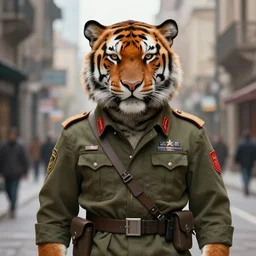 hyperrealistic portrait of an athropomorphic tiger wearing military clothes, bladerunner street, art of elysium by jeremy mann and alphonse mucha, fantasy art, photo realistic, dynamic lighting, artstation, poster, volumetric lighting, very detailed face, 4 k, award winning, cinematic lighting, deviantart, artstation, cg society