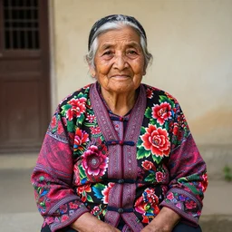 an elderly woman dressed in extremely colorful clothes with floral patterns