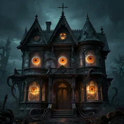An Organic Victorian House with orange eyeballs staring out from the windows, Lovecraftian, 4k, masterpiece, cinematic, glowing, by Greg Rutkowski, Trending on Artstation, Behance. Polished. Eldritch. Eyeballs. Tentacles.