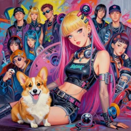 beautiful portrait painting of hiphop cyberpunk attractive princess chilling with her corgi, by peter kemp, naoki urasawa, nikolina petolas, noah bradley, patrick woodroffe, posuka demizu, qing han, trending on artstation, 8 k, masterpiece, graffiti paint, fine detail, full of color, intricate detail, golden ratio illustration, face enhance
