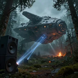 a giant megastructure spaceship wrecked and lost in the forest, a small fire in the distance, powerful laser light and large sound system on the left side close to the camera, detailed digital art by greg rutkowski.