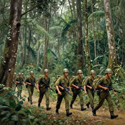 wide shot, a formation of American Soldiers patrolling deep in the thick, Vietnamese forest in 1969, painting, colored