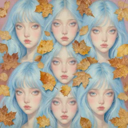 breathtaking detailed concept art painting pattern with pastel colors of blue hair faces goddesses amalgamation autumn leaves with anxious piercing eyes, by hsiao - ron cheng and james jean, bizarre compositions, exquisite detail, 8 k