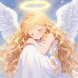 pawing at this soft unconscious, the world is dying, angel numbers, angelic lighting, in the style of long curly haired cute anime