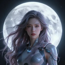 a 3 d render of a giant glowing moon. there is a close up of a woman, with flowing, swirling long hair. she is wearing sci - fi clothes. the woman has fine facial features. image by beeple and james jean, dan mumford, moebius, barclay shaw, aya takano color style, 8 k, super detailed, modern, 4 k, symmetrical