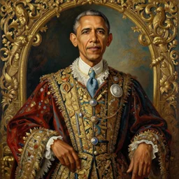 obama by greg hildebrant lisa frank fancy rococo baroque regal oil painting high quality award winning clothed in fancy garb