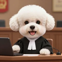 a closeup photorealistic illustration of a smiling bichon frise judge wearing a black gown at the bench and calling court to order. this 4 k hd image is trending on artstation, featured on behance, well - rendered, extra crisp, features intricate detail and the style of unreal engine.