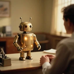 a 2 8 mm macro kodachrome photo of a sad metallic android with glowing lights, talking to a therapist in the therapist's office in the 1 9 5 0's, seen from a distance, bokeh, canon 5 0 mm, cinematic lighting, film, photography, golden hour, depth of field, award - winning