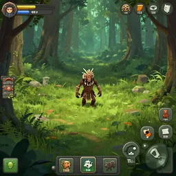 a the forest game screenshot wit the tribal enemy in the middle of the screenshot ultra realistic