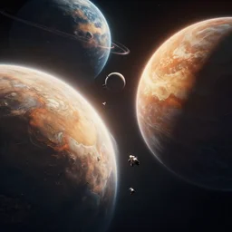 an space battle near planets, Cinematic, Vignette, Volumetric Lighting, Ambient occlusion, 8k, 4k, Unreal engine, high detail, 3D digital art