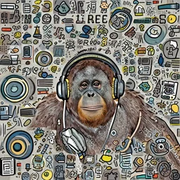 an orangutan with headphones