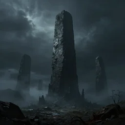 horrific landscape, monolith, matte painting, dramatic lighting, dark, fog, artstation