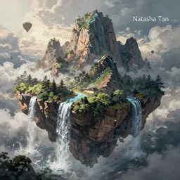 A beautiful concept art painting of a giant levitating mountain island with waterfalls falling off its edges, by Natasha Tan, trending on artstation, dramatic lighting