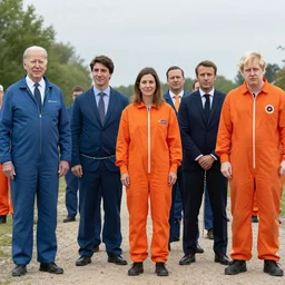 prison chain gang, Joe Biden, Justin Trudeau, Klaus Schwab, Jacinda Ardern, Emmanuel Macron, Boris Johnson, orange jumpsuits
