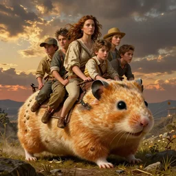 riding on very large battle hamster, golden hour, intricate detailed faces, lilia alvarado, sophie anderson, mark arian, bob byerley, charlie bowater, mark brooks, justin gerard, ross tran, wlop, william adolphe bouguereau