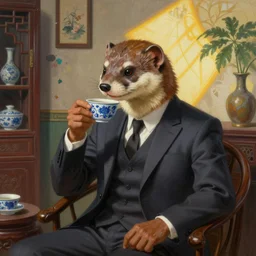 portrait painting of a weasel wearing a suit drinks chinese tea in a shabby chinese room by wenjun lin, irakli nadar, bright colors, octopath traveler, wenjun lin, unreal engine 5 highly rendered, global illumination, 9 radiant light, detailed and intricate environment