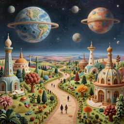 a whimsical surreal sci - fi matte painting of a winding path through outer space worlds, surreal architecture designed by heironymous boach, megastructures inspired by heironymous bosch's the garden of earthly delights, vast surreal landscapes and horizon by asher durand and cyril rolando and natalie shau, insanely detailed and intricate, elite, masterpiece, elegant