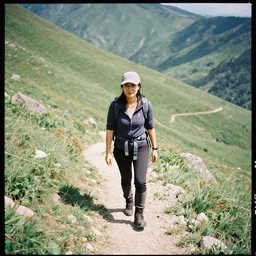 a photo of a woman hiking, 3 5 mm fujichrome astia 1 0 0 f film, 2 0 0 5,