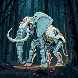 white bone biopunk mecha elephant in a dark forest, pixiv fanbox, dramatic lighting, maximalist pastel color palette, splatter paint, pixar and disney concept, graphic novel by fiona staples and dustin nguyen, peter elson alan bean wangechi mutu, clean cel shaded vector art, on artstation