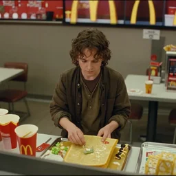 film still of frodo working at mcdonalds in the new batman movie, cnn news footage taken from above.