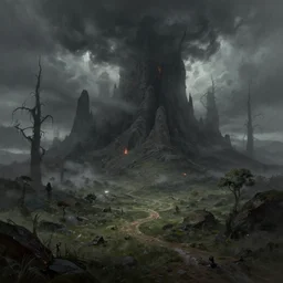 hellish landscape exploration, concept art, digital illustration, trending on artstation, deviantart, artgerm, epic composition, masterpiece, highly detailed, advanced technique, ambient lighting, wlop, ross draws