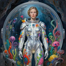 portrait painting by wayne barlow and carlo crivelli and glenn fabry, a woman in a skintight silver shining spacesuit with colorful iridescent detailing, covered in bright colorful alien flora and fauna inside a massive cavernous metal dome