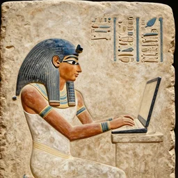 a fragment of ancient egyptian hierographic panel Art, art of A person using a computer in art style of ancient art, fragmented, a person using a computer!!!!! Ancient Egypt art