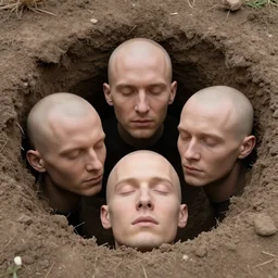 three human heads close to eachother stretching from a hole in the ground