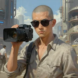 large shot of a bald anime boy with sunglasses holding a cinema camera in a martian city, scifi, detailed realistic shirt, detailed realistic face, photorealistic oil painting, digital art, by charlie bowater, by jeremy lipking, by makoto shinkai, octane render